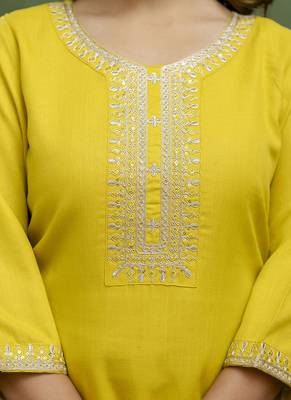 Cotton blend lime green casual wear embroidery work kurta set 2