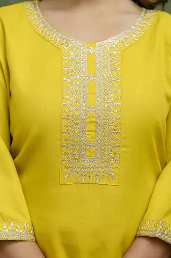 Cotton blend lime green casual wear embroidery work kurta set