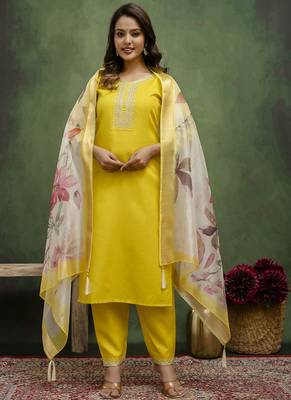 Cotton blend lime green casual wear embroidery work kurta set 4