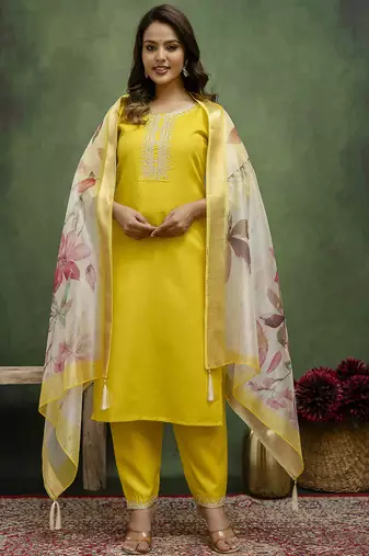 Cotton blend lime green casual wear embroidery work kurta set