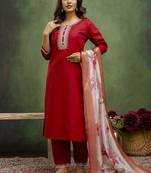 Cotton blend red casual wear embroidery work kurta set