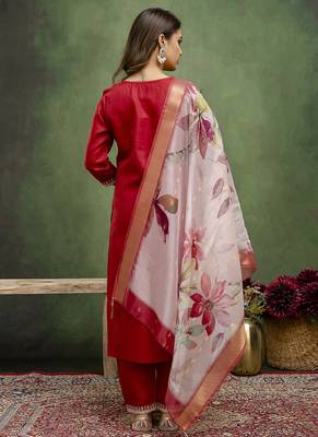 Cotton blend red casual wear embroidery work kurta set 3