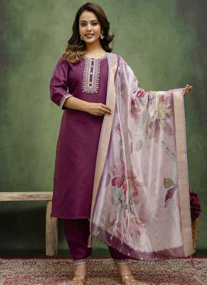 Cotton blend wine casual wear embroidery work kurta set 1