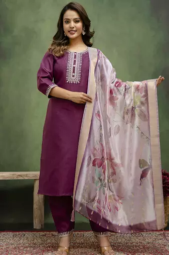 Cotton blend wine casual wear embroidery work kurta set
