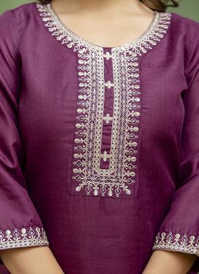 Cotton blend wine casual wear embroidery work kurta set 2