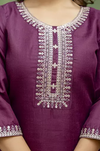 Cotton blend wine casual wear embroidery work kurta set