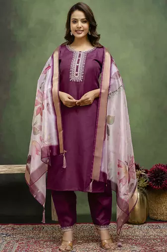 Cotton blend wine casual wear embroidery work kurta set