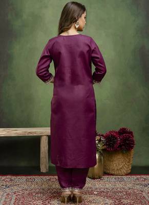 Cotton blend wine casual wear embroidery work kurta set 4