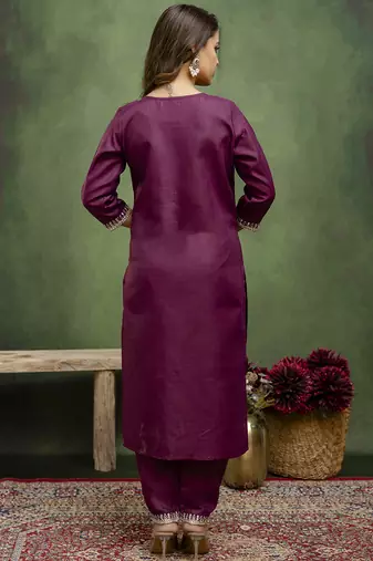 Cotton blend wine casual wear embroidery work kurta set