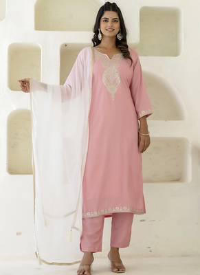 Silk blend pink casual wear embroidery work kurta set 1