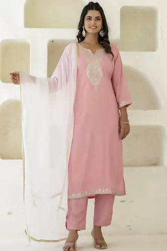 Silk blend pink casual wear embroidery work kurta set
