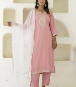 Silk blend pink casual wear embroidery work kurta set