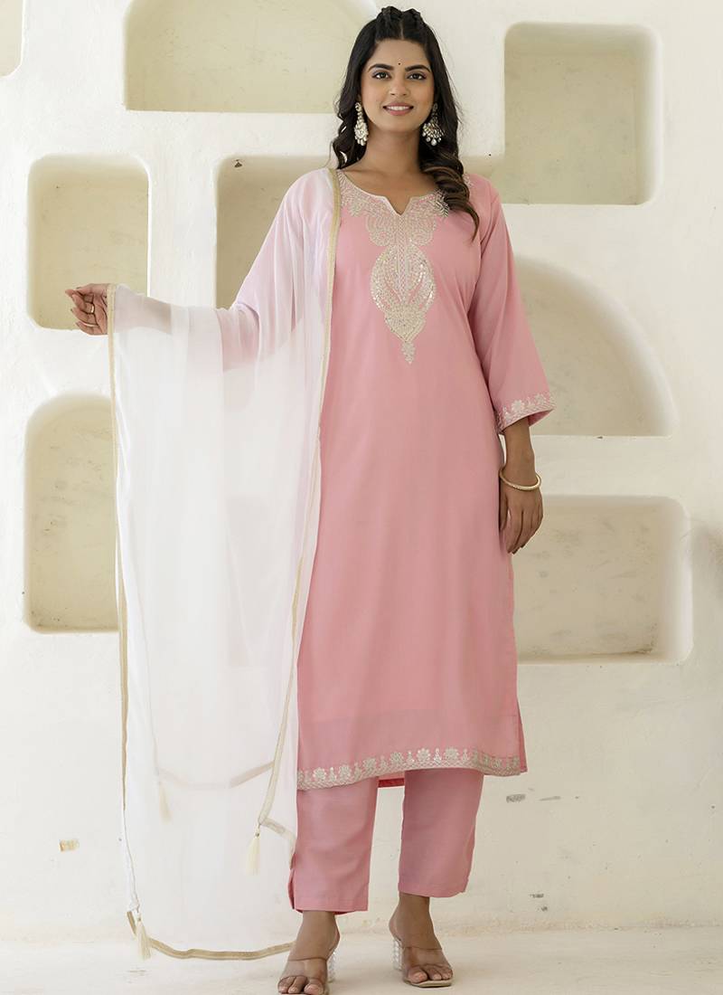Silk blend pink casual wear embroidery work kurta set