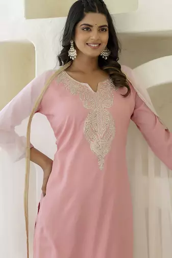 Silk blend pink casual wear embroidery work kurta set