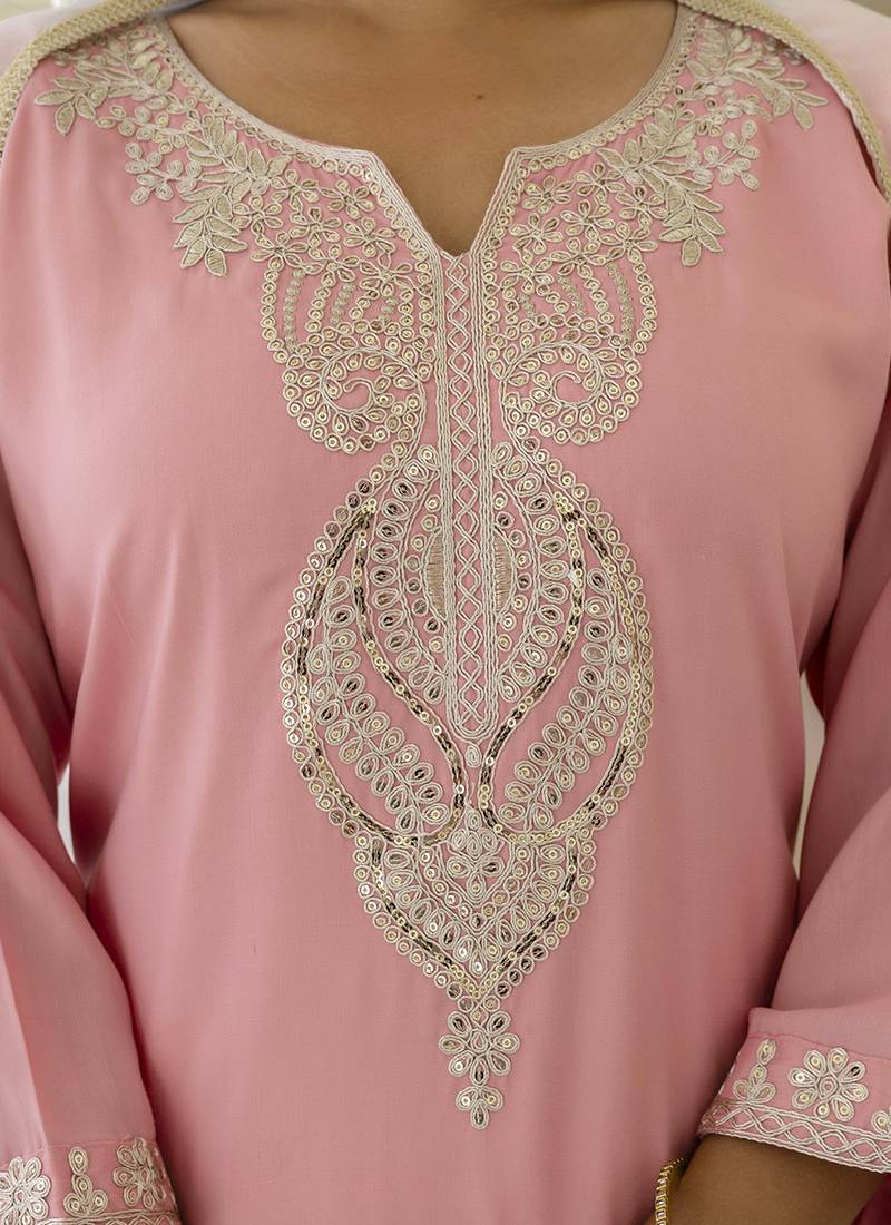 Silk blend pink casual wear embroidery work kurta set