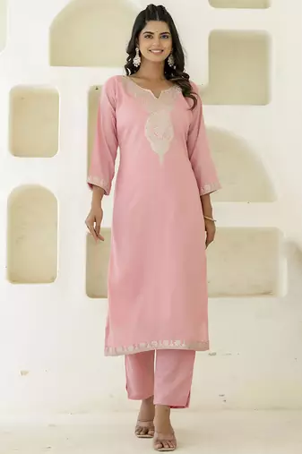 Silk blend pink casual wear embroidery work kurta set
