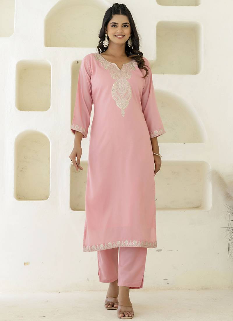 Silk blend pink casual wear embroidery work kurta set