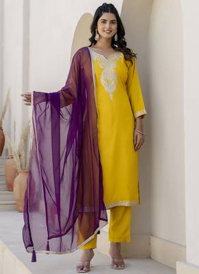 Silk blend yellow casual wear embroidery work kurta set 1