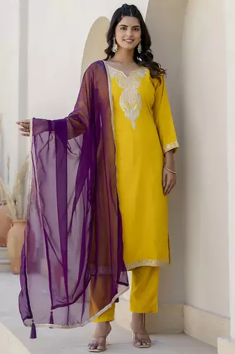 Silk blend yellow casual wear embroidery work kurta set