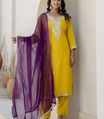 Silk blend yellow casual wear embroidery work kurta set