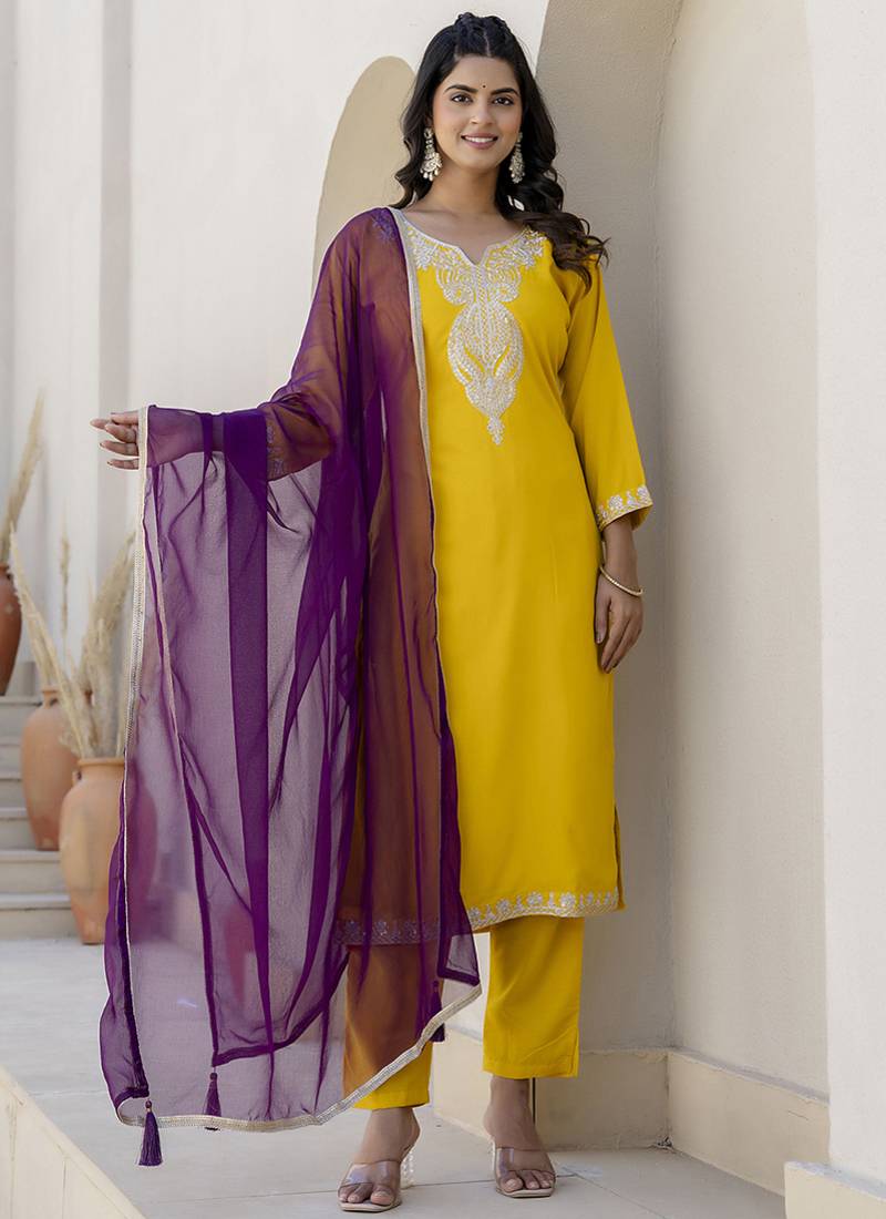 Silk blend yellow casual wear embroidery work kurta set