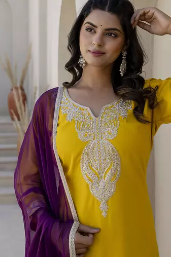 Silk blend yellow casual wear embroidery work kurta set