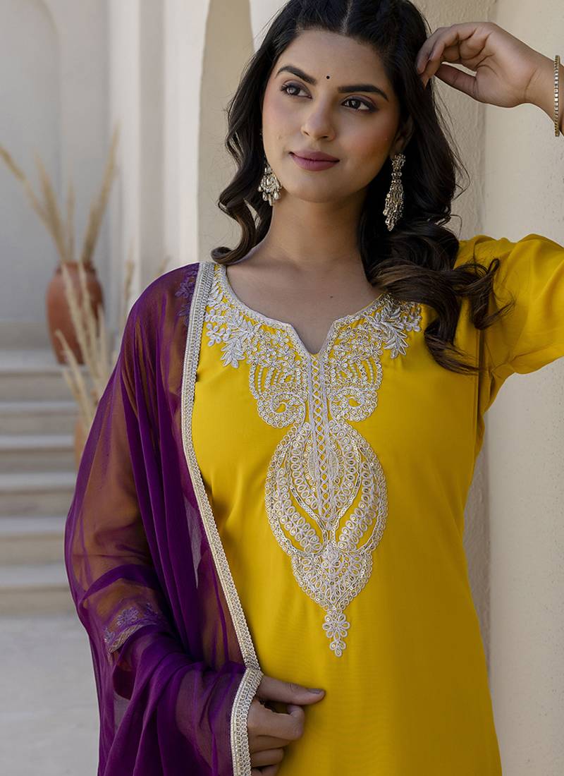 Silk blend yellow casual wear embroidery work kurta set