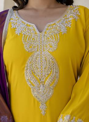Silk blend yellow casual wear embroidery work kurta set 3