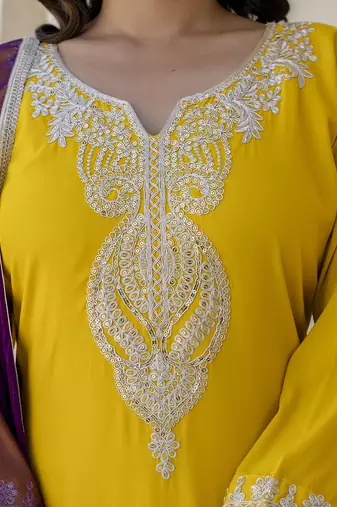 Silk blend yellow casual wear embroidery work kurta set