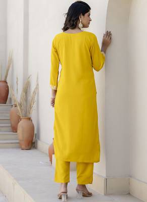 Silk blend yellow casual wear embroidery work kurta set 4
