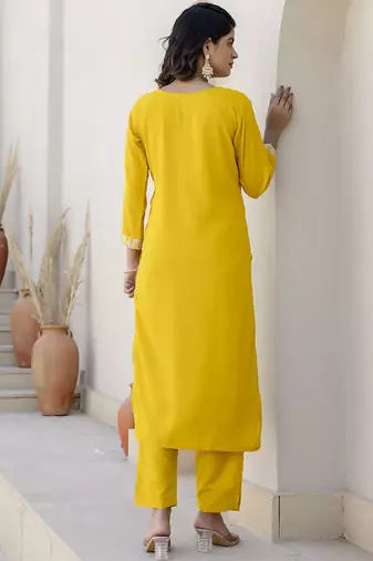 Silk blend yellow casual wear embroidery work kurta set