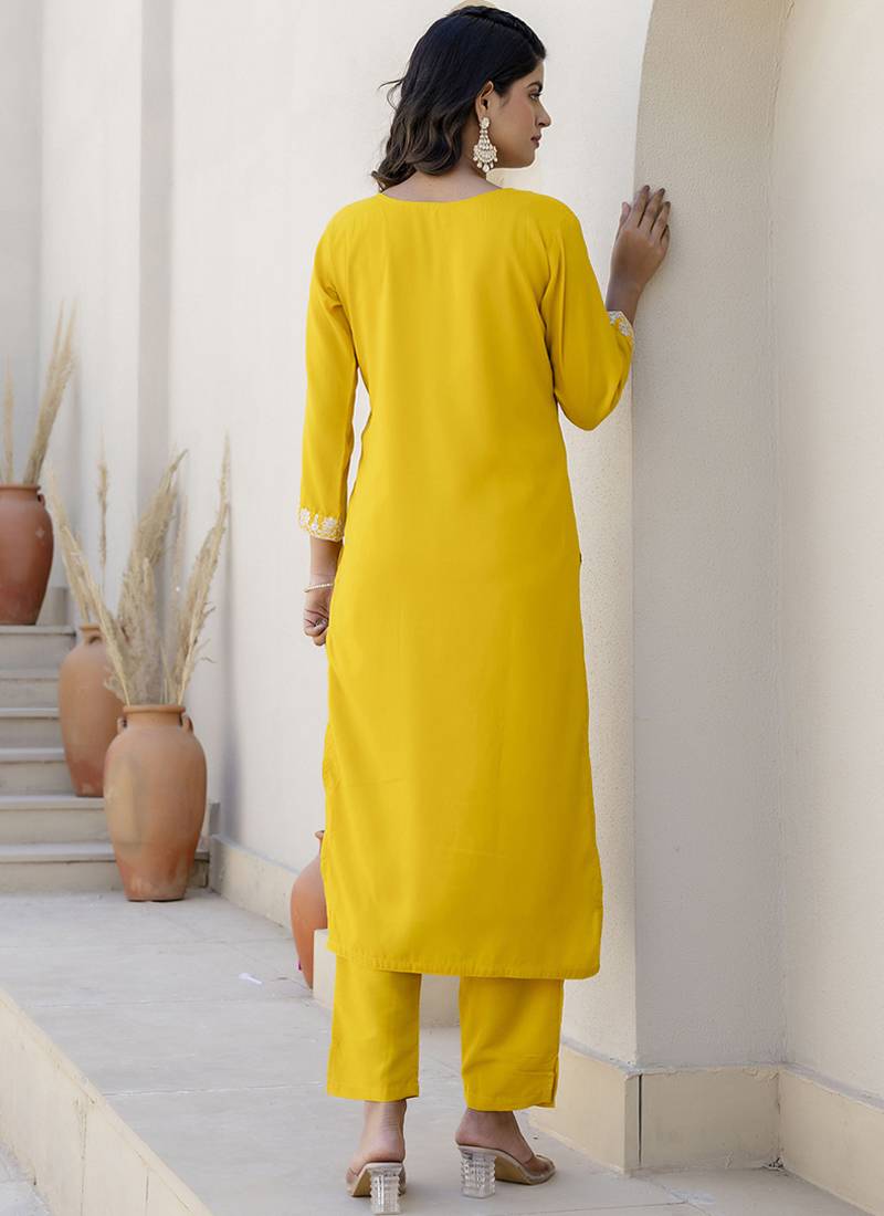 Silk blend yellow casual wear embroidery work kurta set