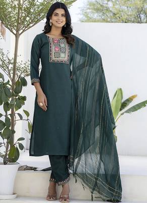 Cotton blend teal casual wear embroidery work kurta set 1