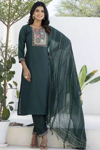 Cotton blend teal casual wear embroidery work kurta set