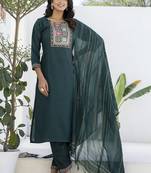 Cotton blend teal casual wear embroidery work kurta set
