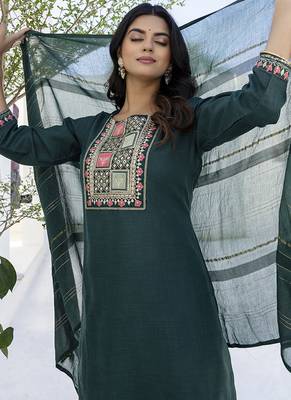 Cotton blend teal casual wear embroidery work kurta set 2