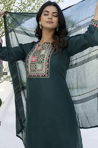 Cotton blend teal casual wear embroidery work kurta set
