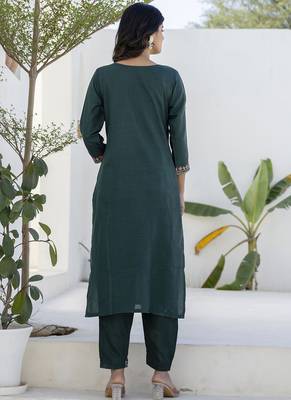 Cotton blend teal casual wear embroidery work kurta set 3