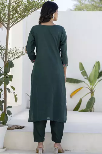 Cotton blend teal casual wear embroidery work kurta set