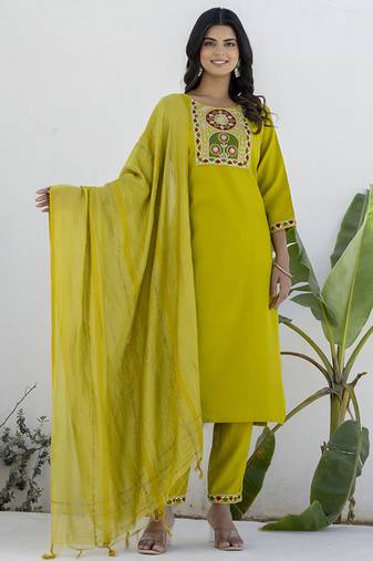 Cotton blend lime green casual wear embroidery work kurta set