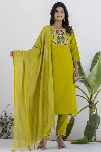 Cotton blend lime green casual wear embroidery work kurta set