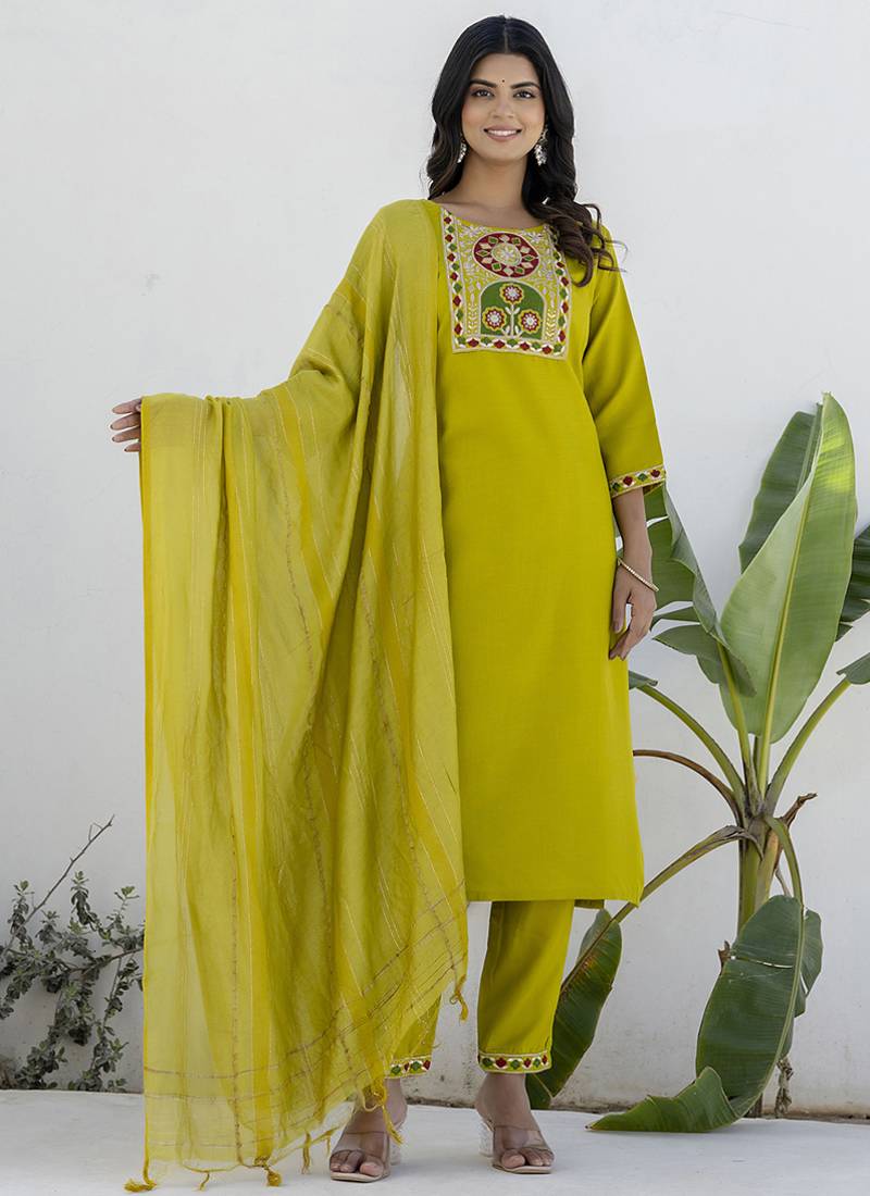 Cotton blend lime green casual wear embroidery work kurta set