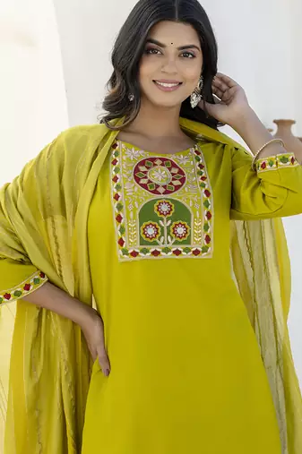 Cotton blend lime green casual wear embroidery work kurta set