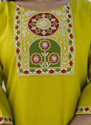 Cotton blend lime green casual wear embroidery work kurta set 3