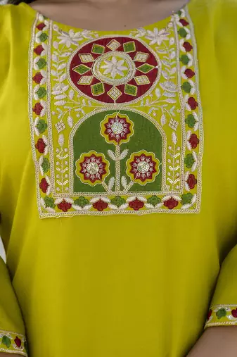 Cotton blend lime green casual wear embroidery work kurta set