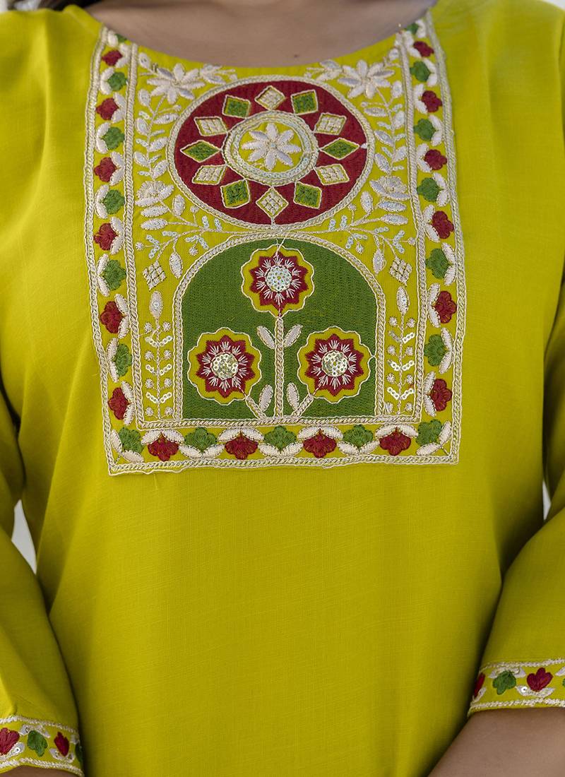 Cotton blend lime green casual wear embroidery work kurta set