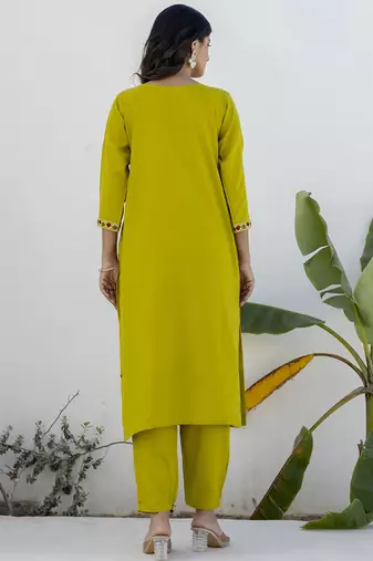 Cotton blend lime green casual wear embroidery work kurta set