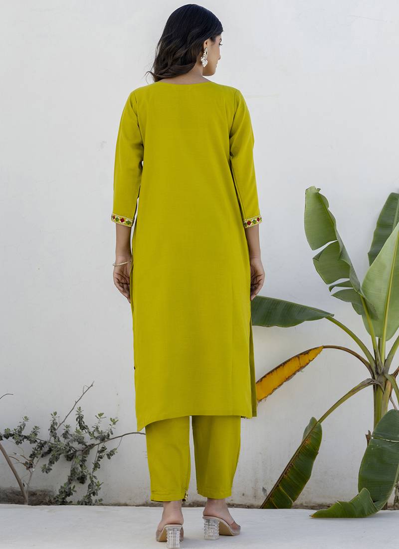 Cotton blend lime green casual wear embroidery work kurta set