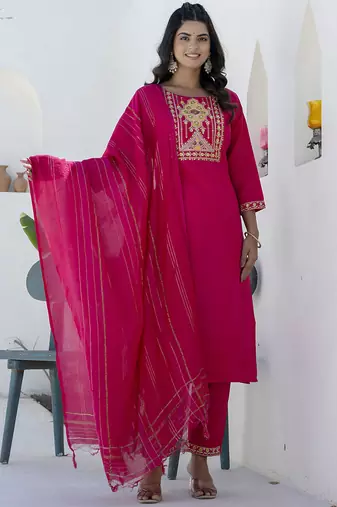 Cotton blend rani pink casual wear embroidery work kurta set