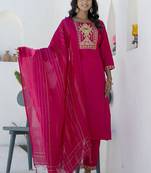 Cotton blend rani pink casual wear embroidery work kurta set